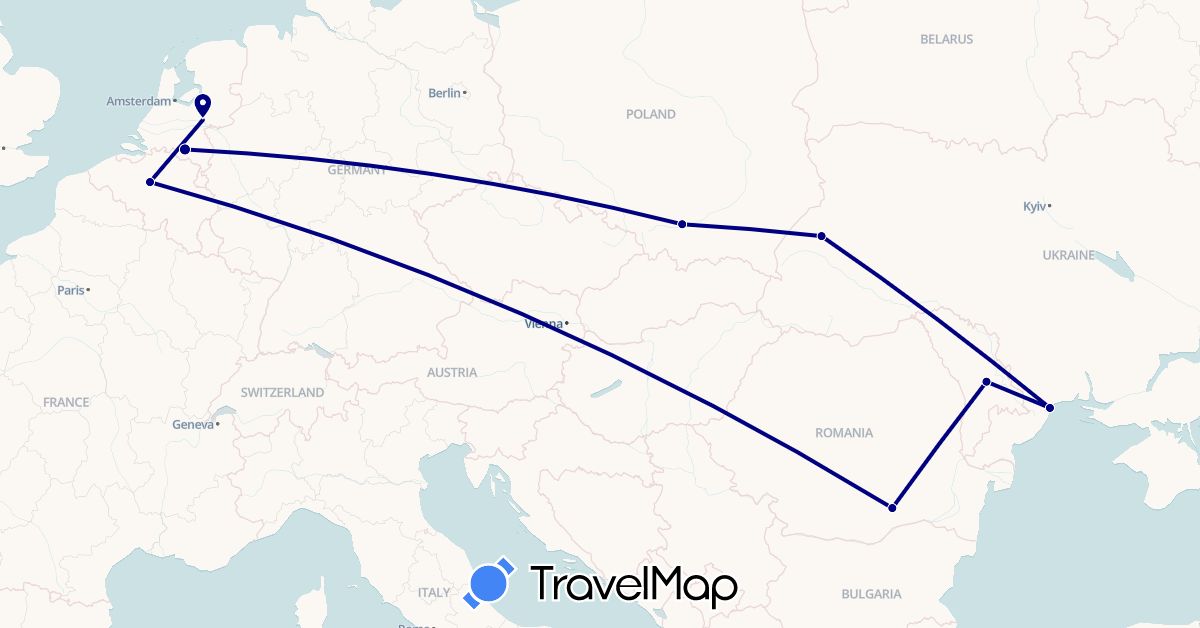 TravelMap itinerary: driving in Belgium, Moldova, Netherlands, Poland, Romania, Ukraine (Europe)