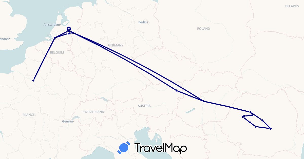 TravelMap itinerary: driving in Austria, Germany, France, Hungary, Netherlands, Romania (Europe)